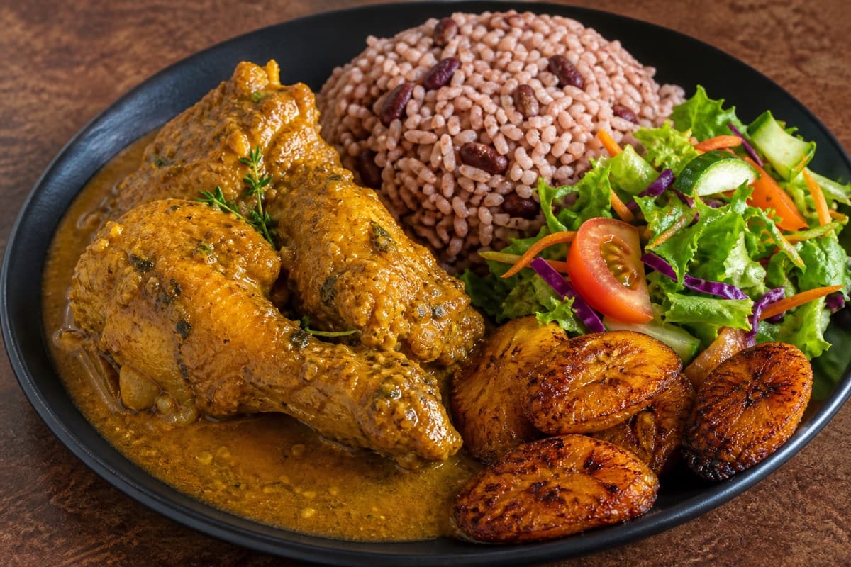 Curry chicken with rice and peas, plantain and garden salad