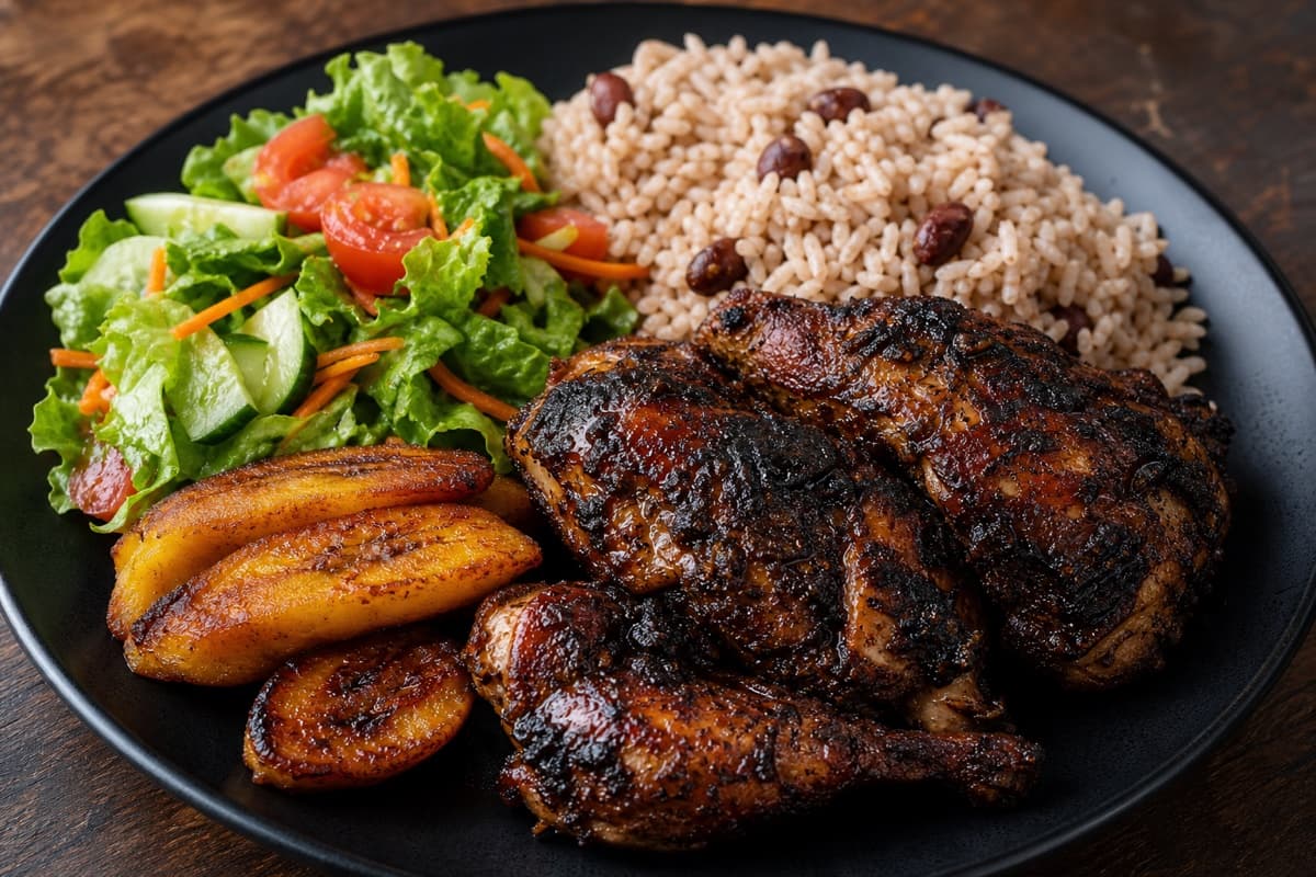 Jerk chicken with rice and peas, plantain and garden salad