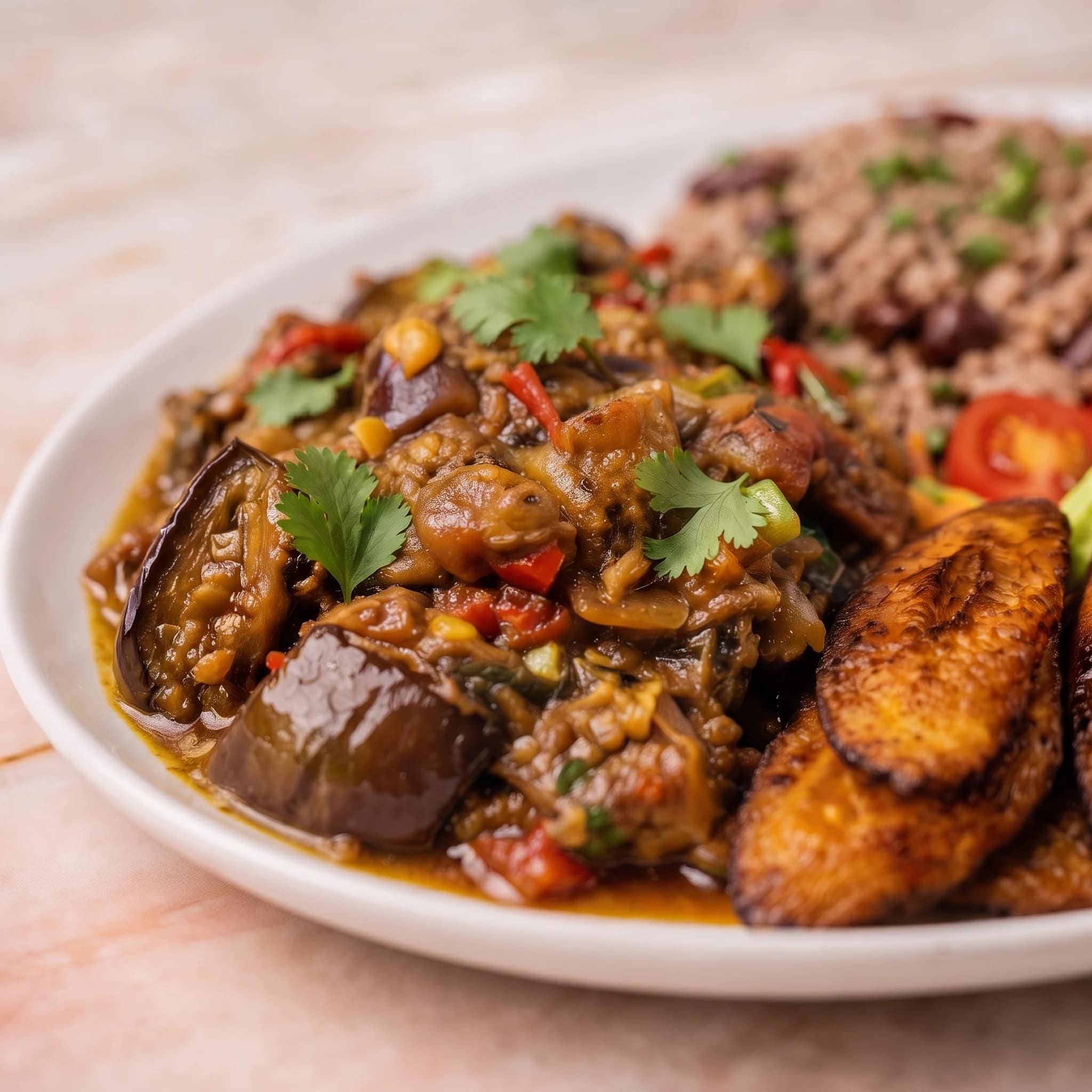 Close-up of tender aubergine in rich Guyanese stew