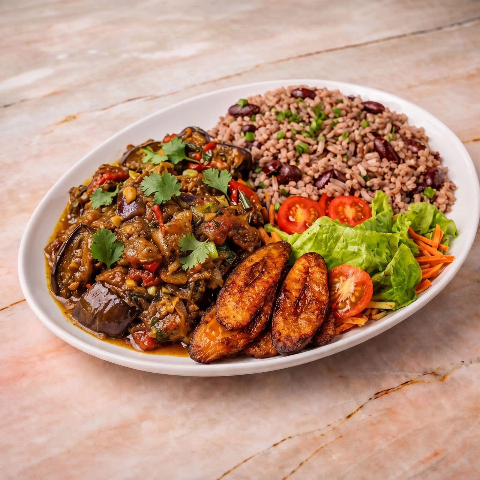 Aubergine stew with rice and peas, plantain and garden salad
