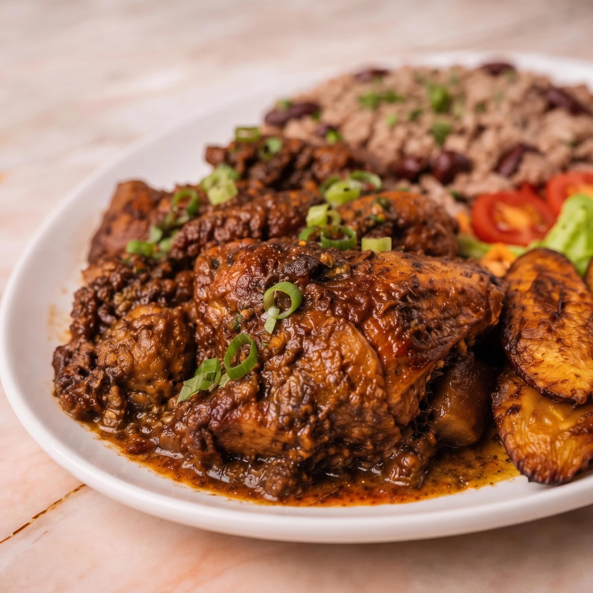 Close-up of tender brown stew chicken in rich savoury gravy