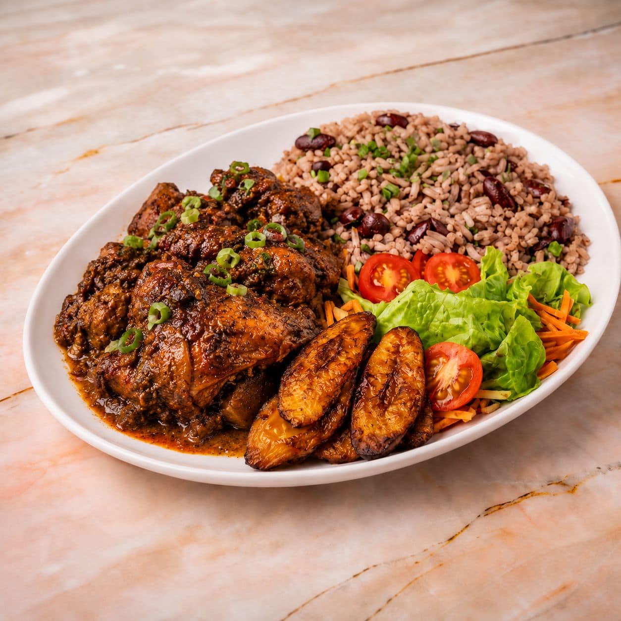 Brown stew chicken with rice and peas, plantain and garden salad