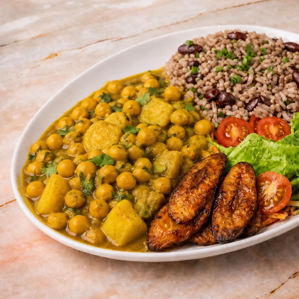 Close-up of Guyanese chickpea and aloo curry