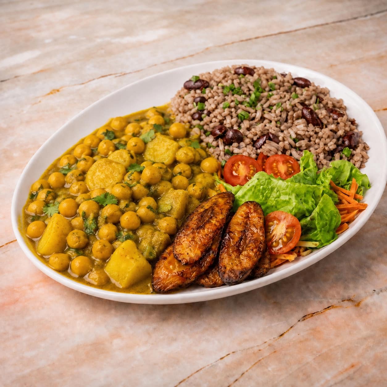 Chickpea and aloo curry with rice and peas, plantain and garden salad