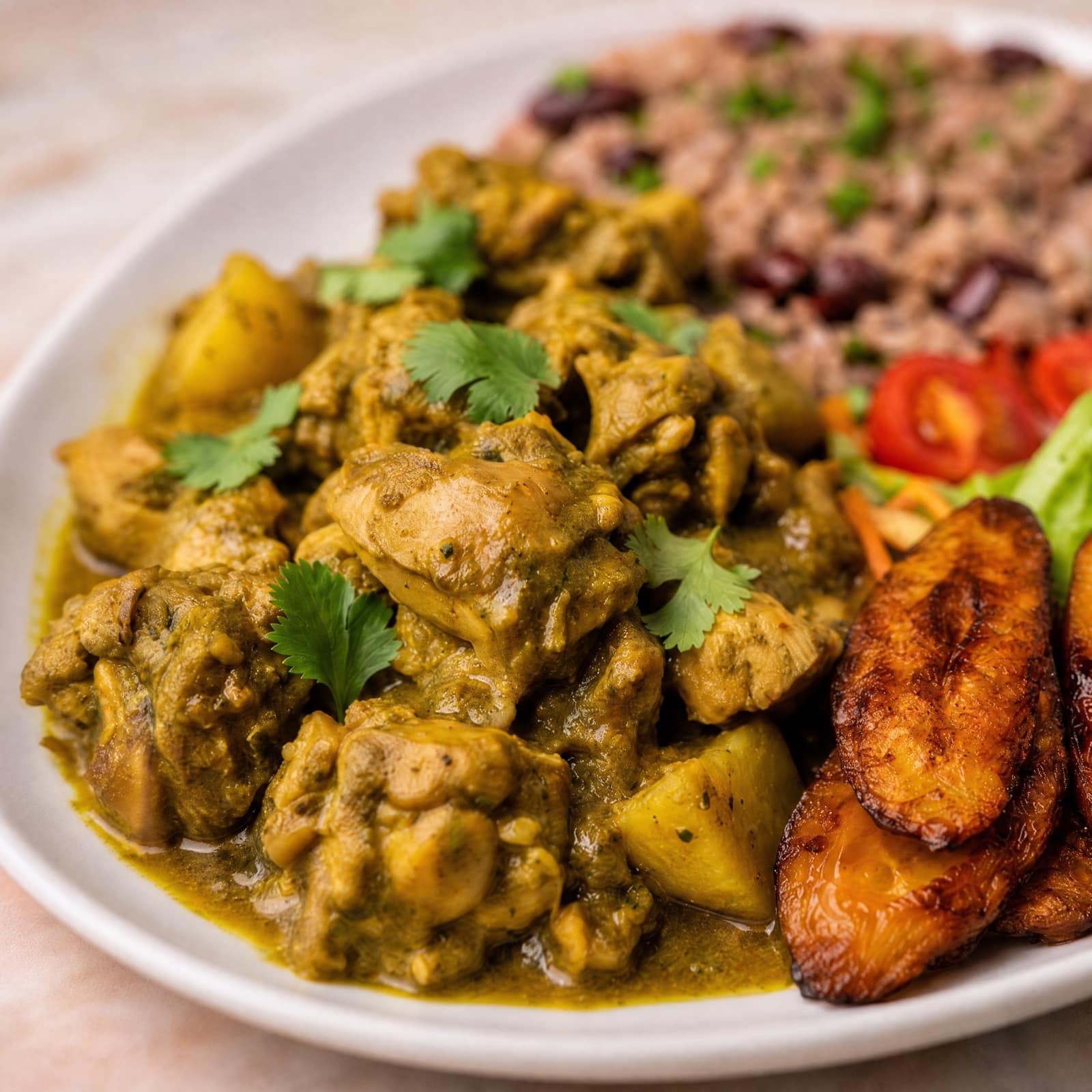 Close-up of tender Guyanese curry chicken and potatoes