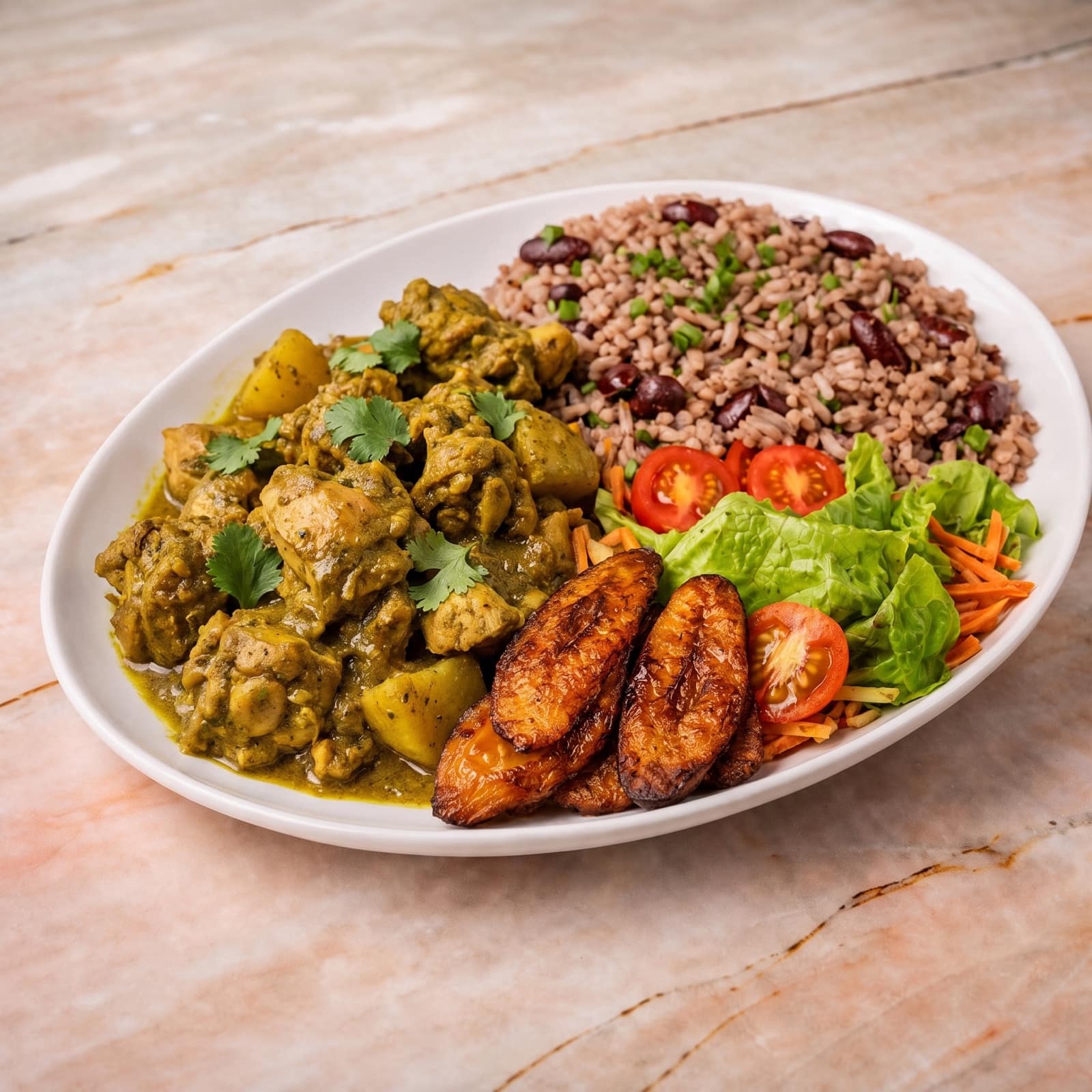 Complete curry chicken meal with rice and peas, plantain and garden salad