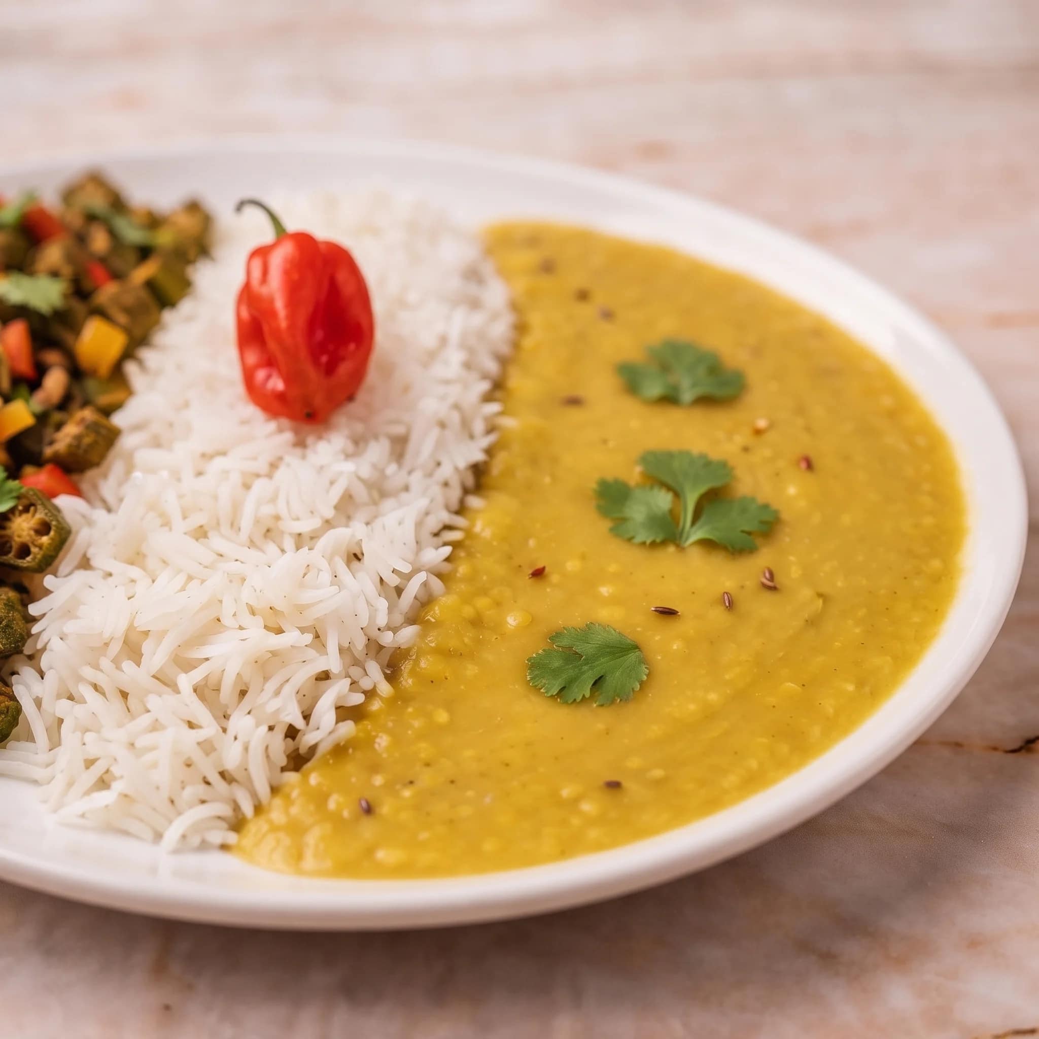 Close-up of warming dhal served with fluffy white rice