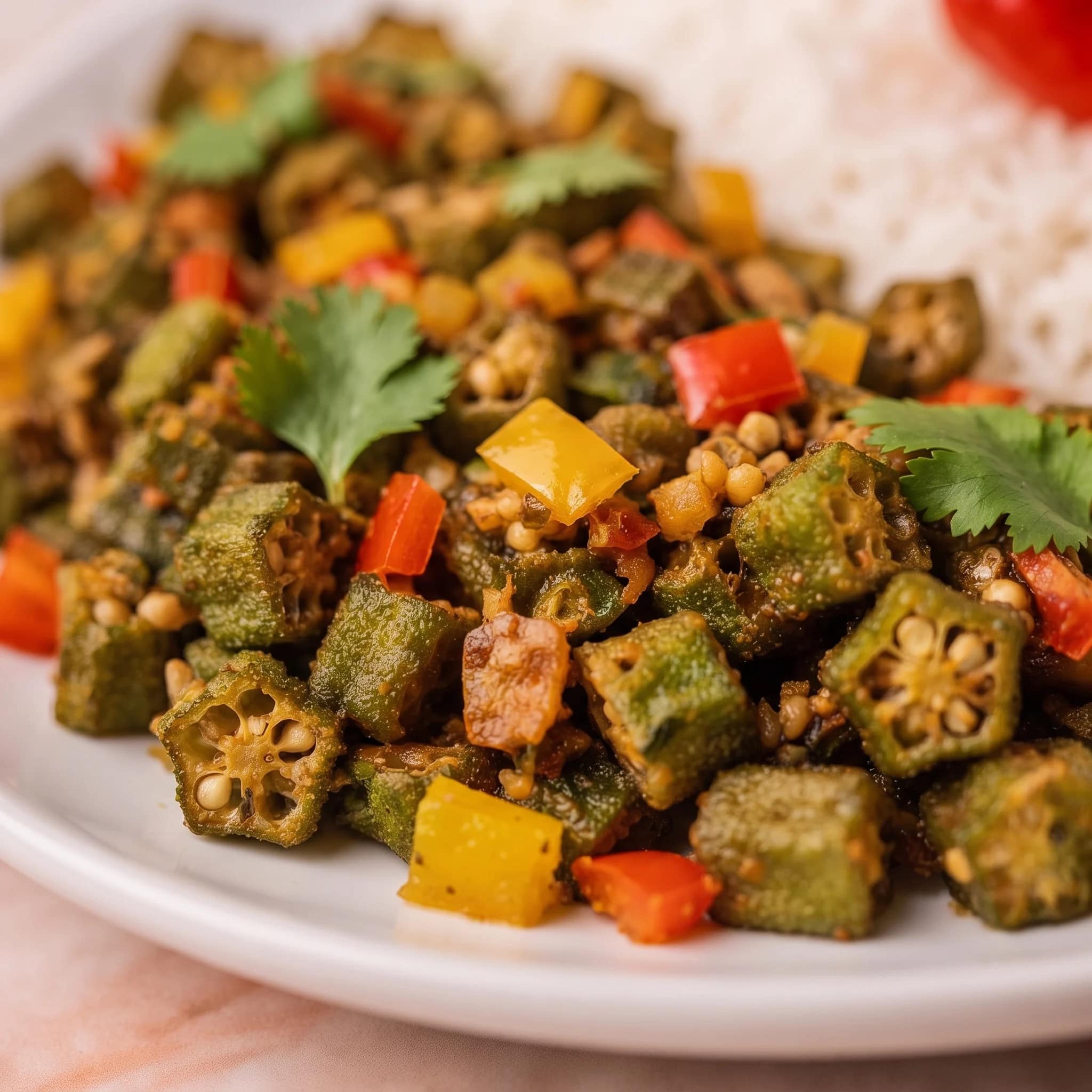 Close-up of seasoned fried okra with sweet peppers