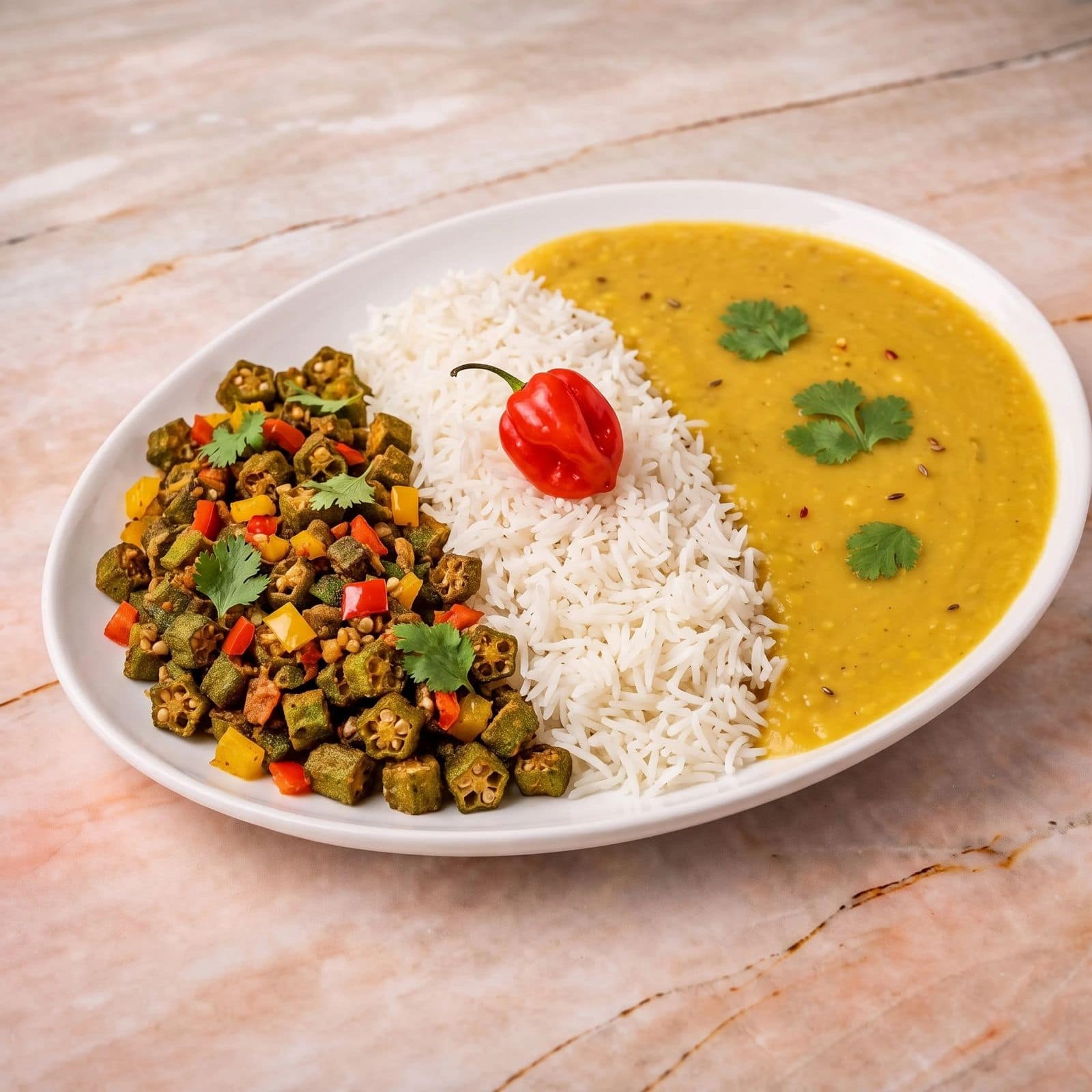 Fried okra served with dhal and white rice
