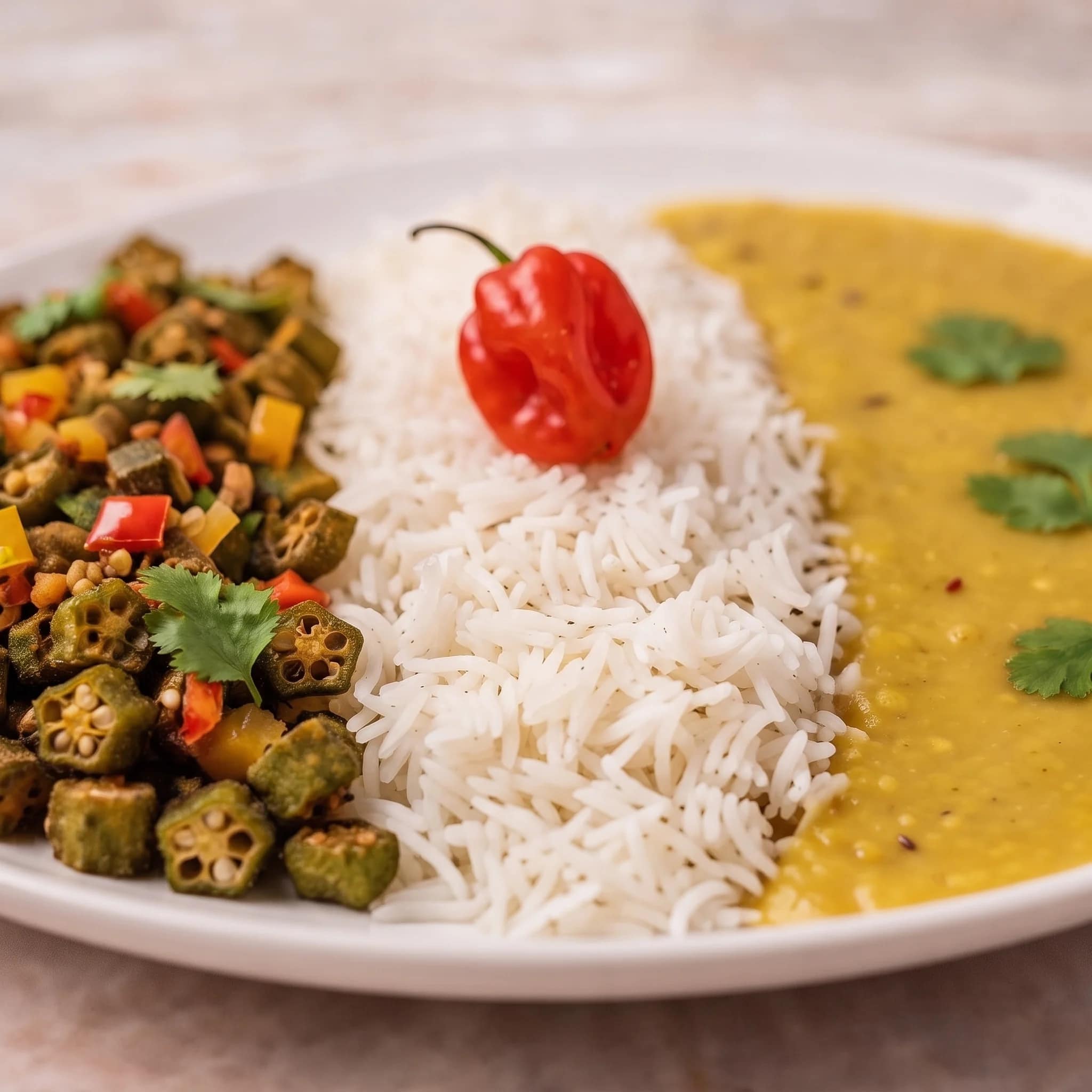 Fried okra with fluffy white rice and warming dhal