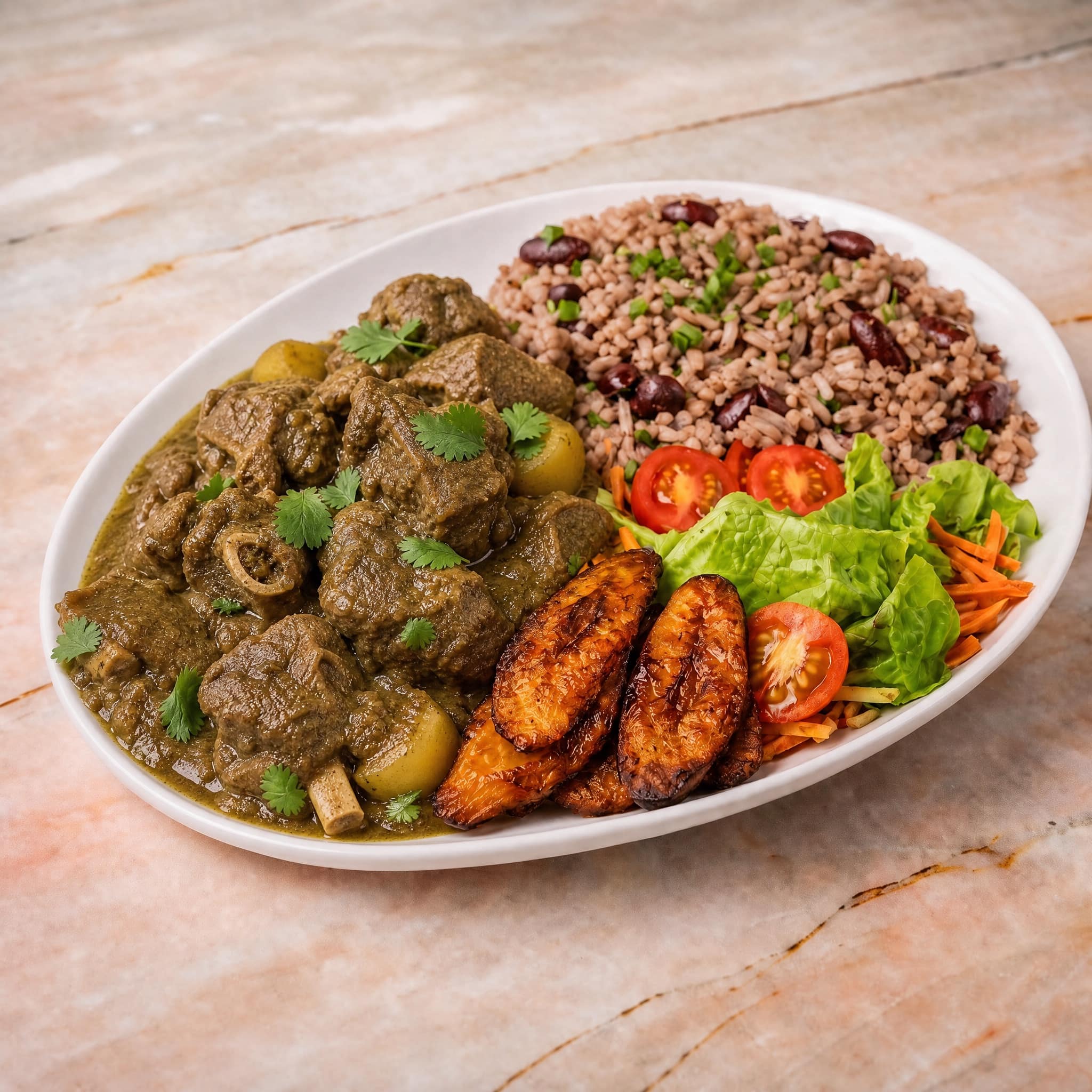 Complete goat curry meal with rice and peas, plantain and garden salad