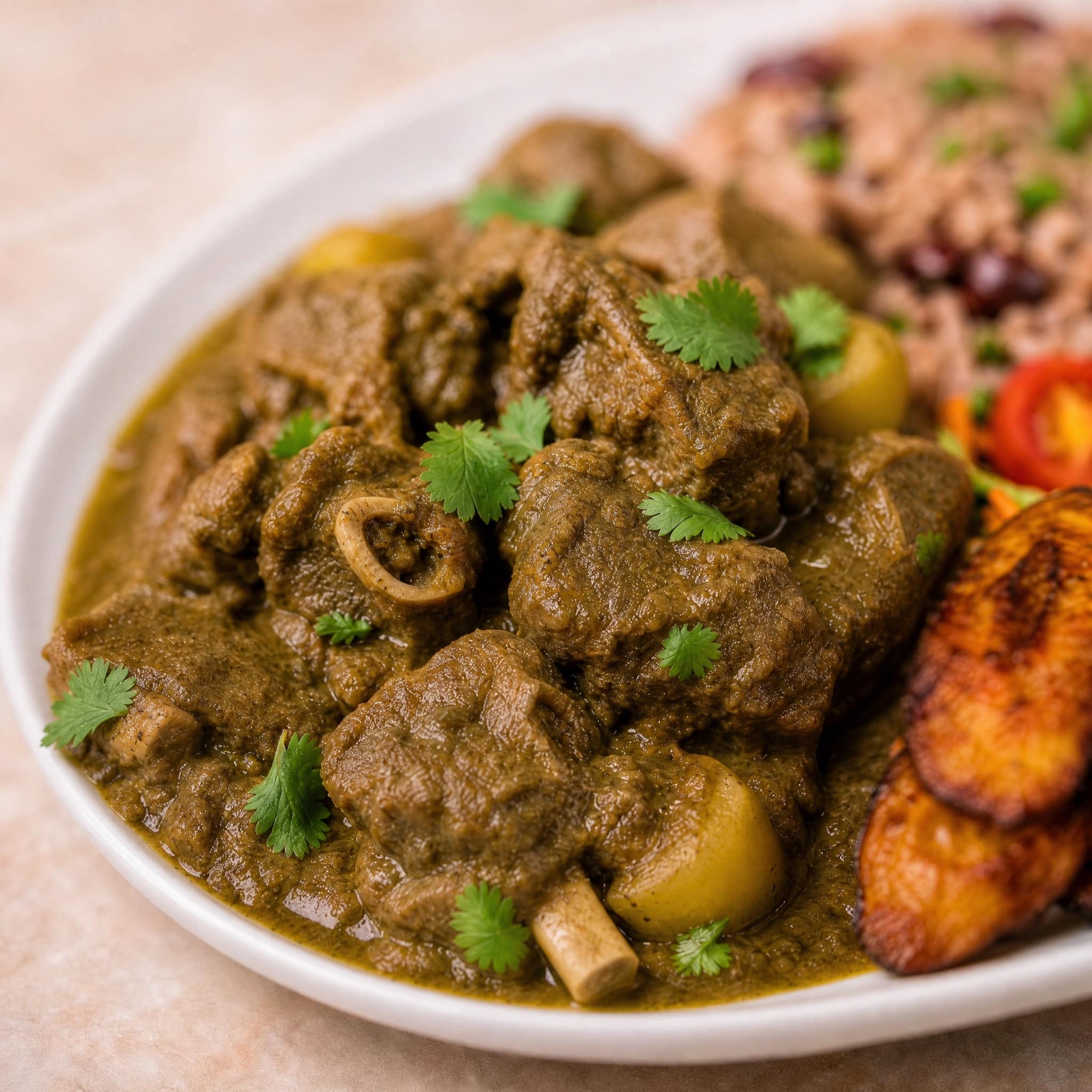 Close-up of tender Guyanese goat curry and potatoes