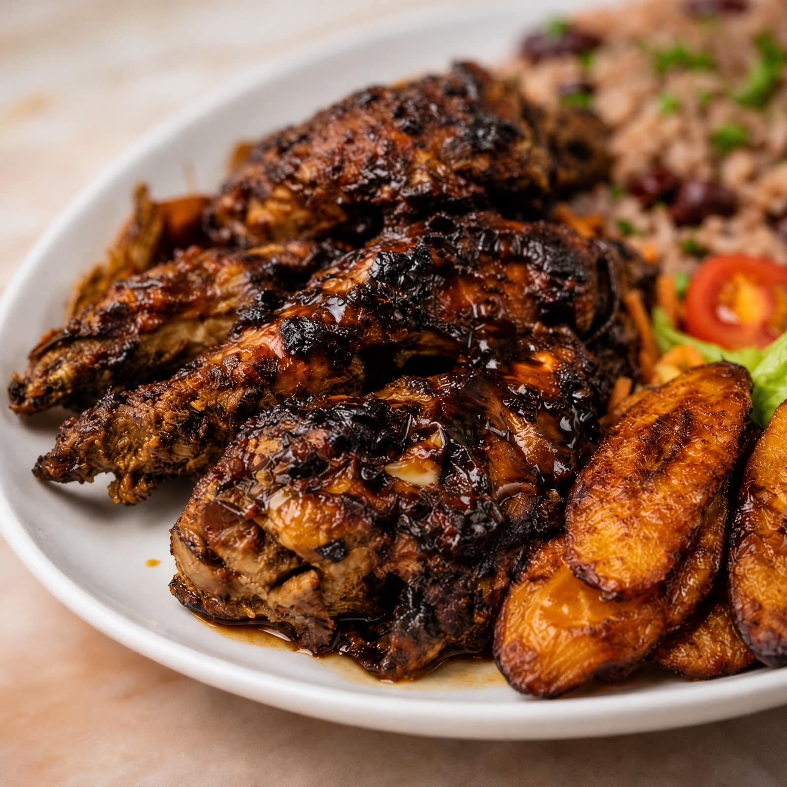 Close-up of glazed, charred jerk chicken