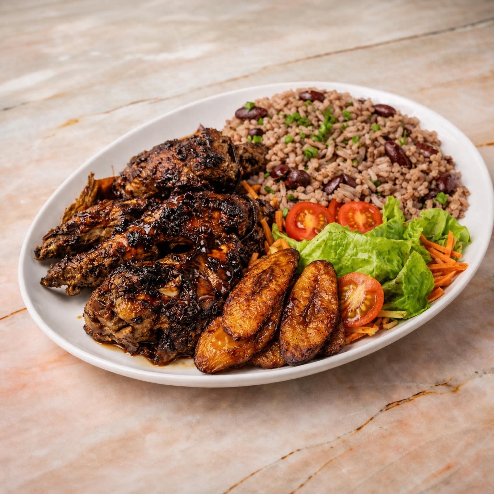 Complete jerk chicken meal with rice and peas, plantain and garden salad