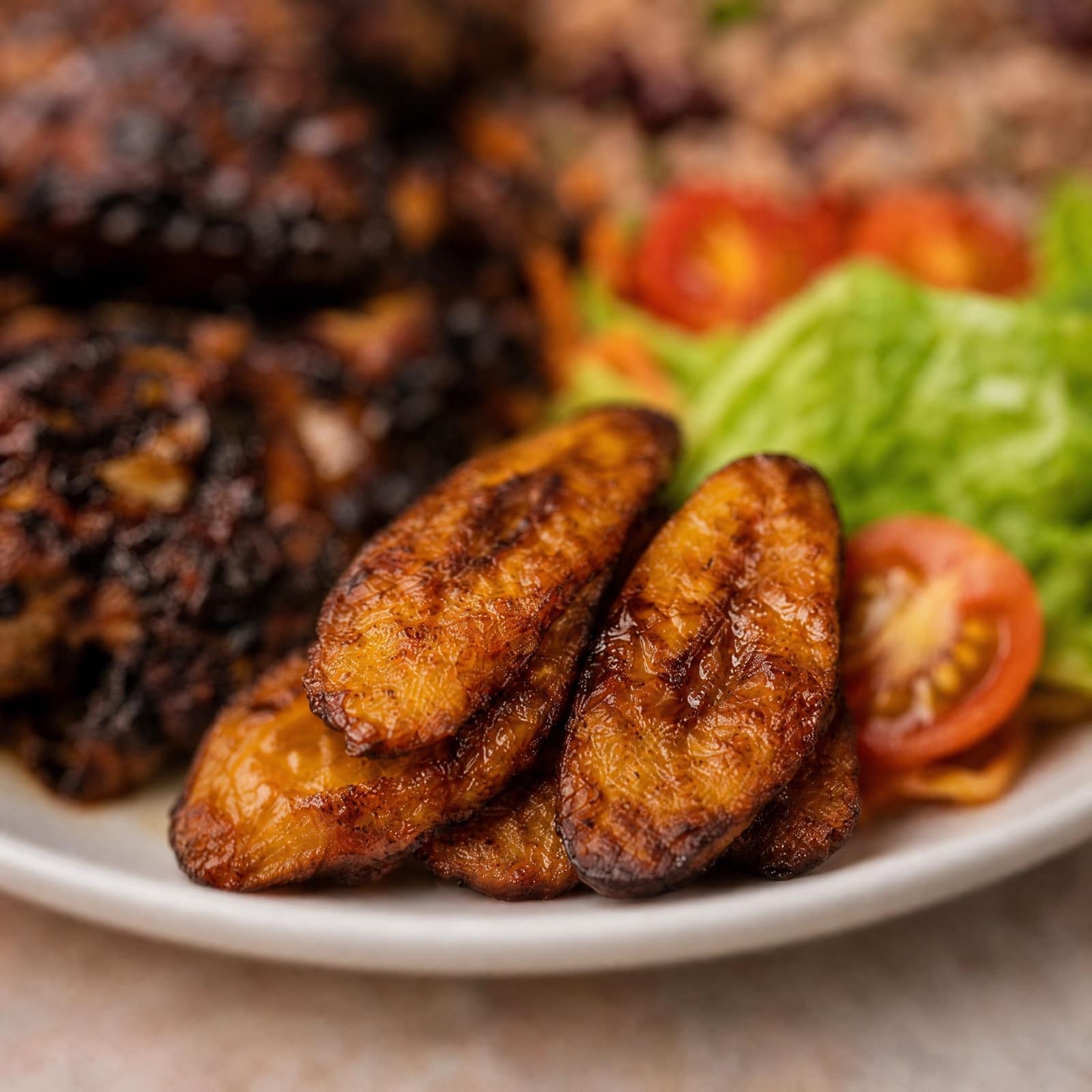 Golden fried plantain served with the goat curry meal