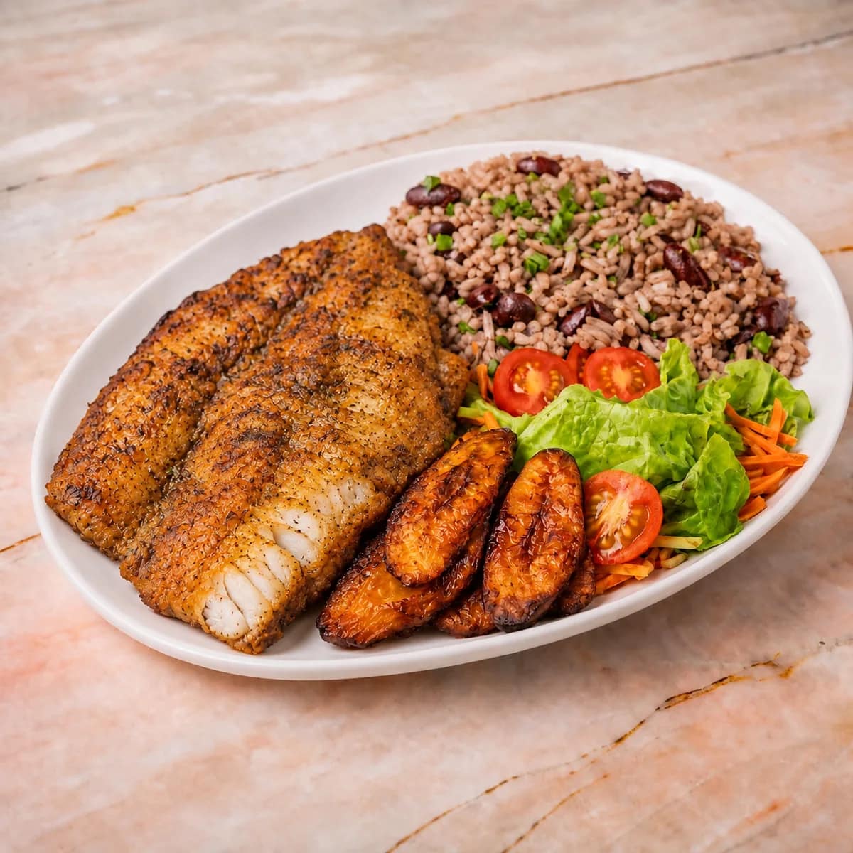 Fried seabass fillet with rice and peas, garden salad and plantain