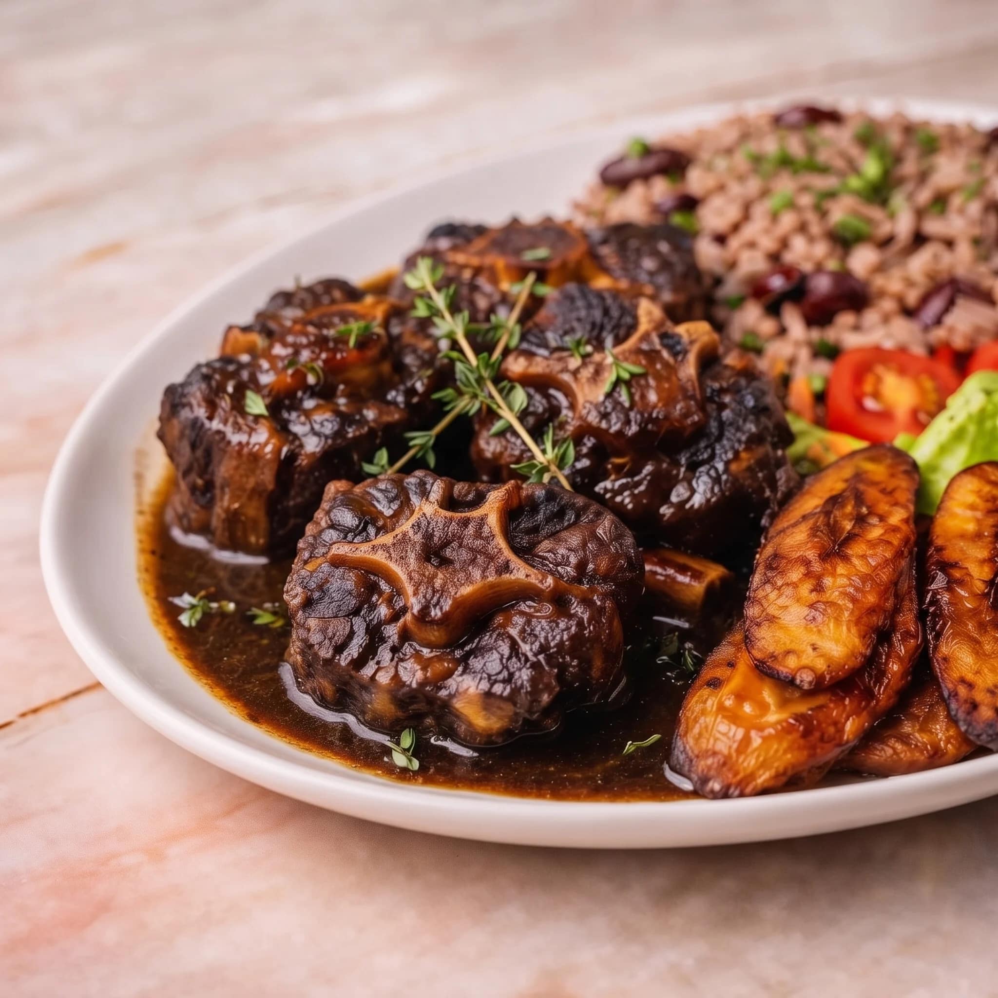Close-up of slow-cooked Guyanese pepperpot in cassareep gravy