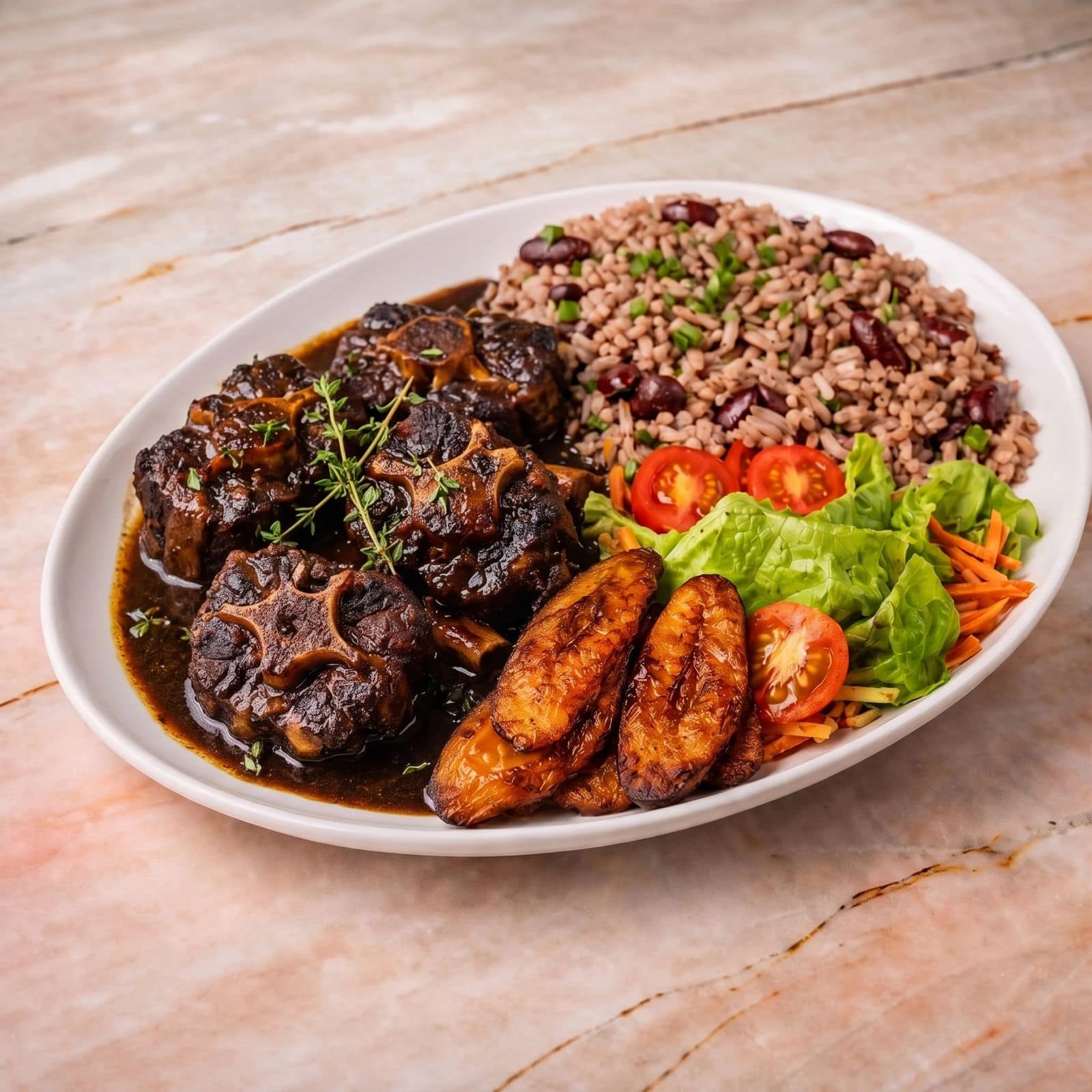 Guyanese pepperpot with rice and peas, plantain and garden salad