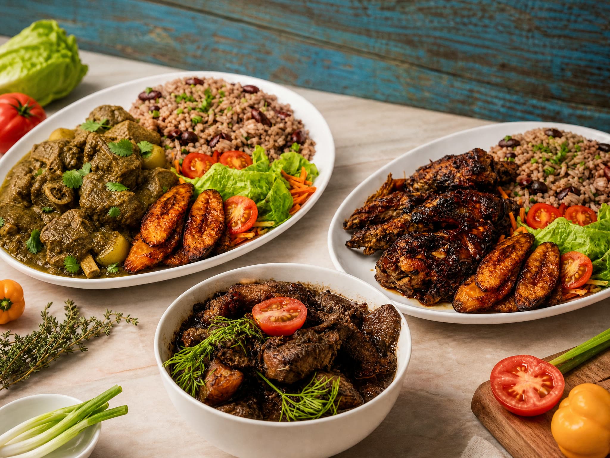 Goat curry, jerk chicken and curry chicken meals with rice and peas, plantain and salad